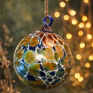 💙 Vintage Hand-Blown Art Glass Witch Ball – 5” Iridescent Mosaic Orb